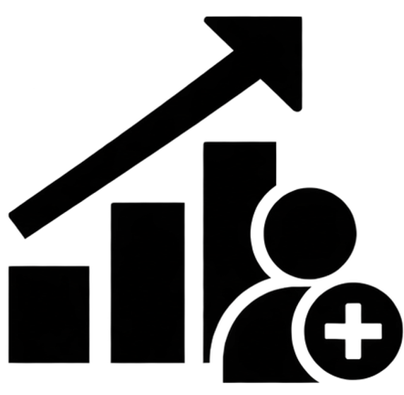 Icon in Schwarz mit einer steigenden Balken und einer Silhouette mit einem Plus