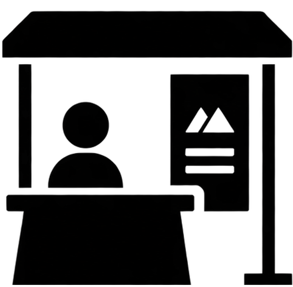 Icon in Schwarz mit einer Person an einem Schalter